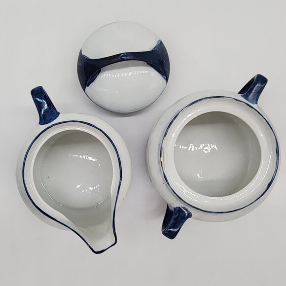 Blue and White Porcelain Cream and Sugar Bowl Nautical Lighthouse Sailboat VTG - Picture 6 of 11